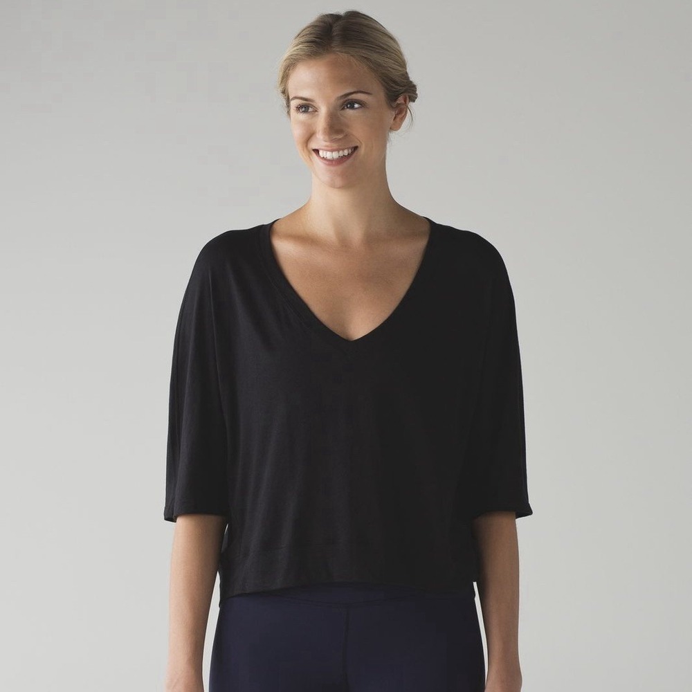 Lululemon Ambleside V Short Sleeve Cropped Oversized Dolman Top Black Pima Yoga